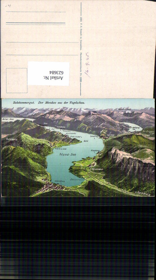 623684,Salzkammergut Mondsee aus der Vogelschau St. Lorenz Plomberg Pichl Auhof Scharfling pub Brandt 1039