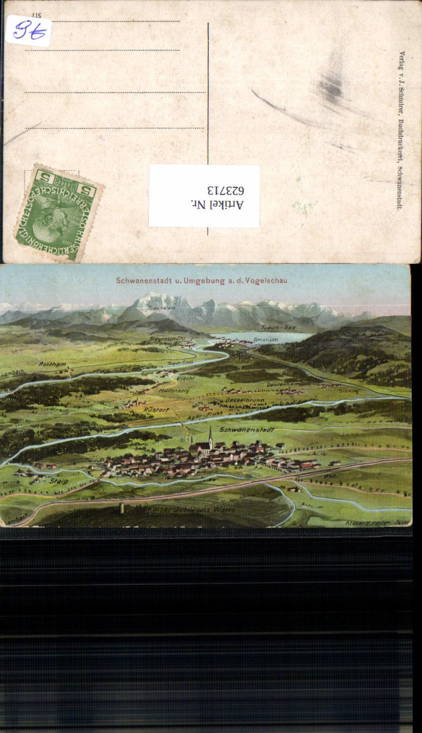 623713,Künstler AK Eugen Felle Schwanenstadt Vogelschau Gmunden Roitham Rüstorf Viecht Dautenham Staig