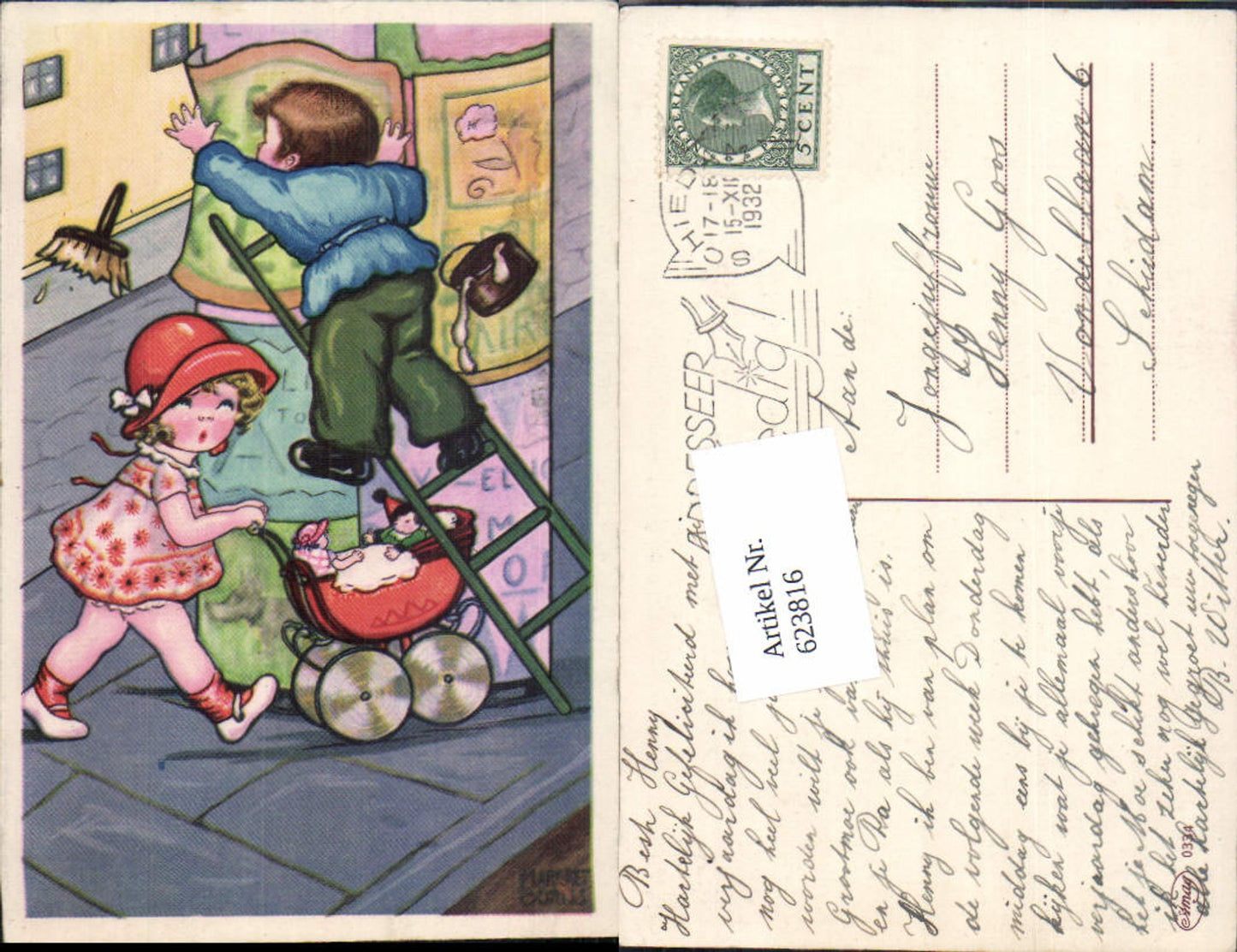 623816,Künstler AK Margret Boriss kinder Humor Maler Puppe Kinderwagen
