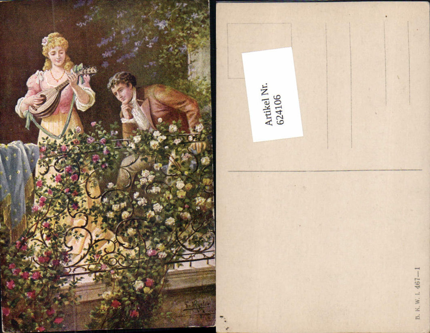 624106,Künstler AK Fr. Rösler Mann Liebe Rosen Mandoline Musik pub B.K.W.I. 467-1