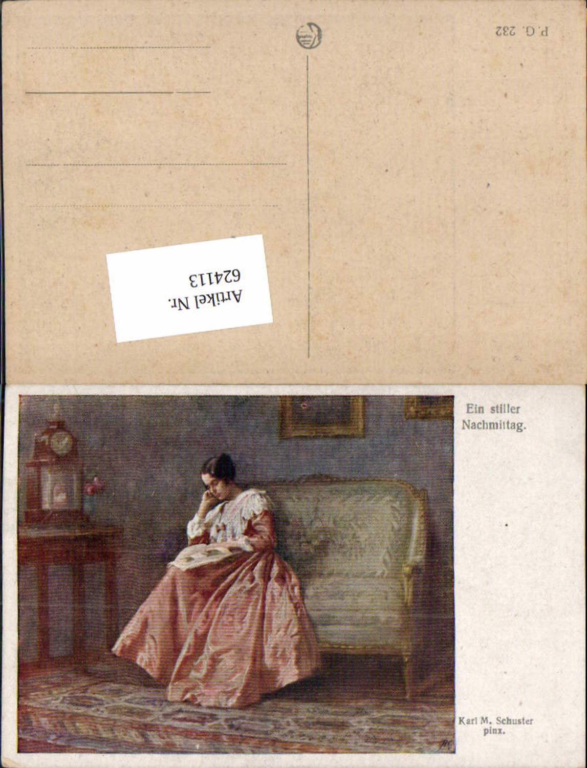 624113, Artist AK Karl Maria Schuster Reading Clock Woman Couch Quiet Afternoon pub Kilophot PG 232