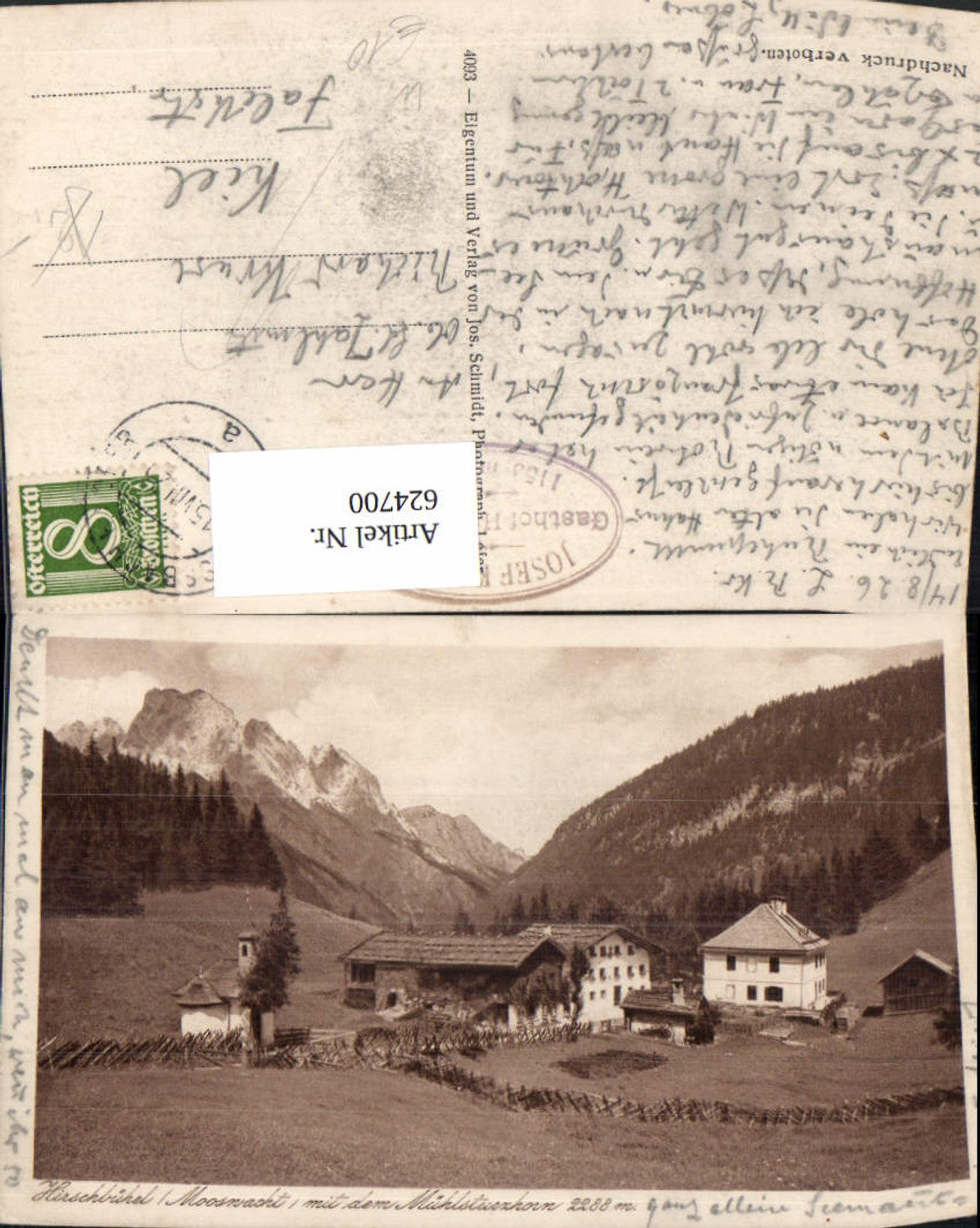 624700,Hirschbühel Hirschbichl Pass Mooswacht m. d. Mühlsturzhorn Weißbach bei Lofer