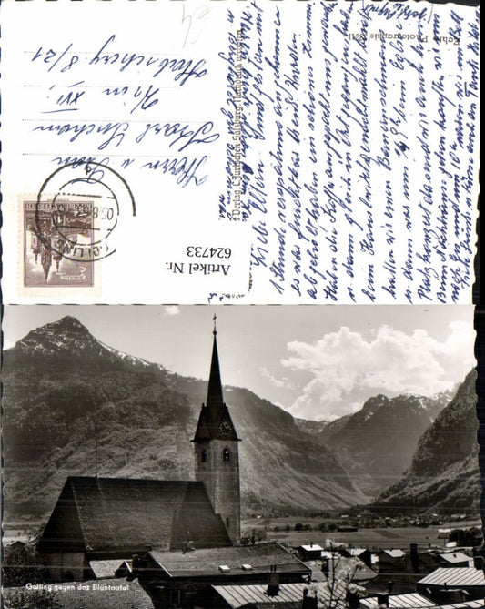 624733,Foto Ak Golling a. d. Salzach geg. d. Bluntautal Ansicht m. Kirche