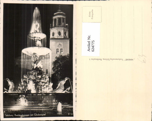 624775, Photo Ak Salzburg Residenzbrunnen m. Glockenspiel b. Nacht