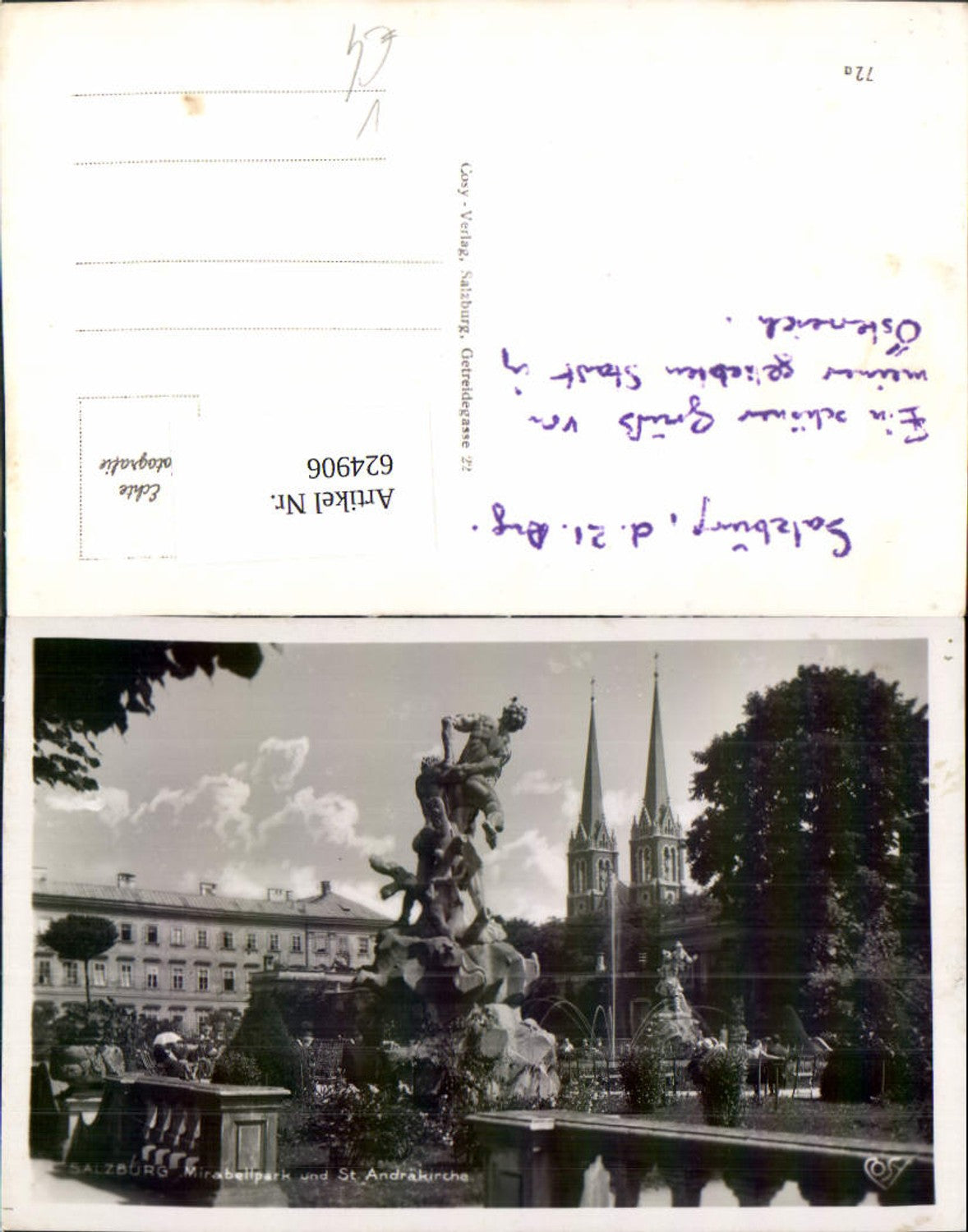 624906, Photo Ak Salzburg Mirabellpark and St. Andräkirche Statue pub Cosy 72a