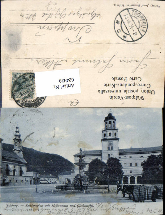 624939, Salzburg Residenzplatz with courtyard fountain and carillon, pub Josef Kasseroller