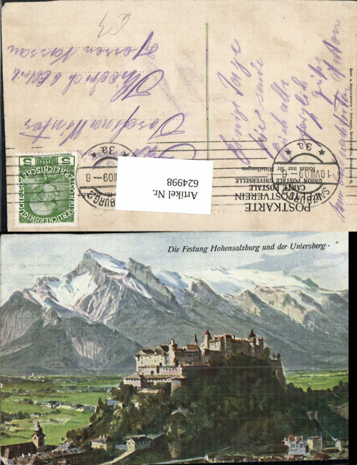 624998, Artist AK Salzburg Hohensalzburg Fortress and Untersberg
