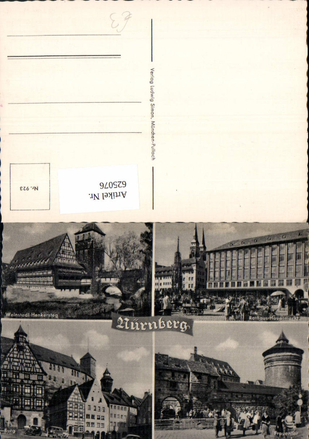 625076, Multi-image postcard Nuremberg Weinstadt Henkersteg Castle Town Hall Main Market Women's Gate