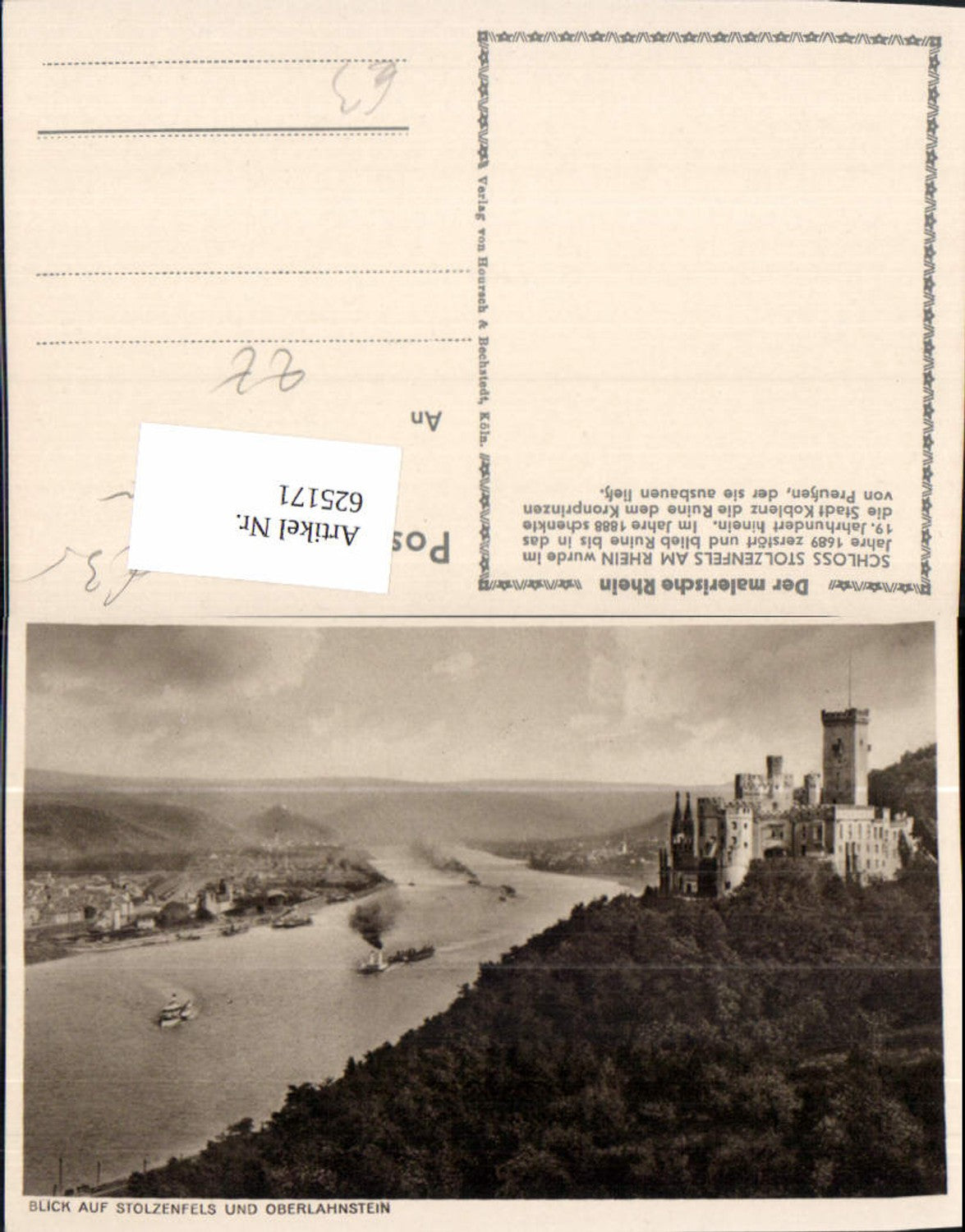 625171,Blick auf Schloss Stolzenfels u. Oberlahnstein Schiffe Dampfer