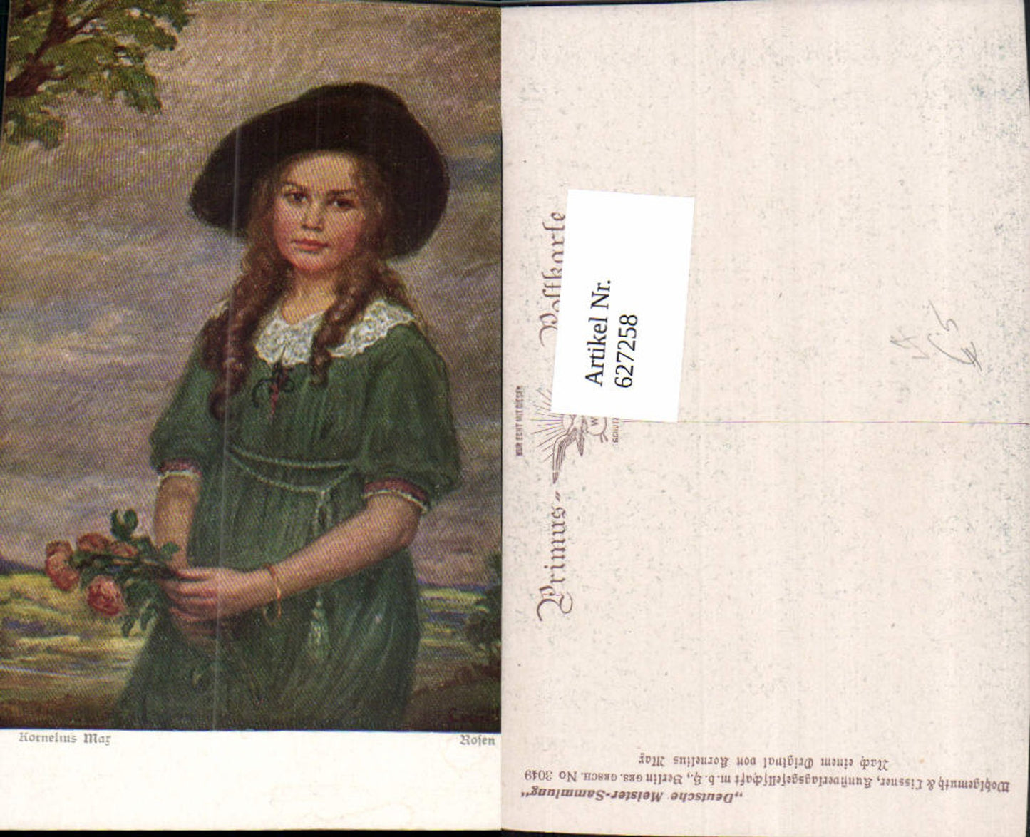 627258, Artist Ak Kornelius Max Rosen Girl Hat Rose Flowers pub Wohlgemuth &amp; Lissner 3049