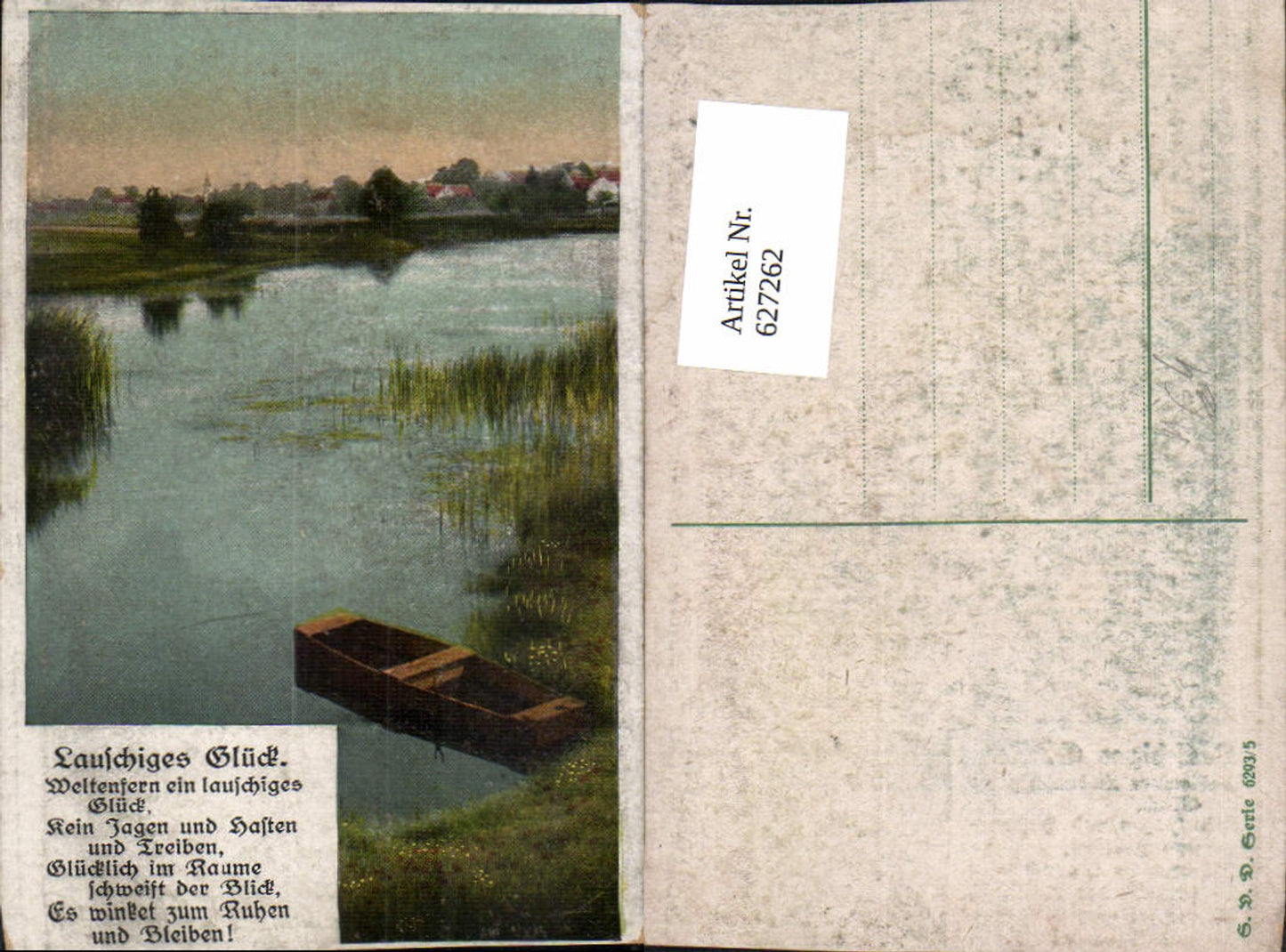 627262,Künstler Ak Lauschiges Glück Boot Ufer Landschaft Spruch Text