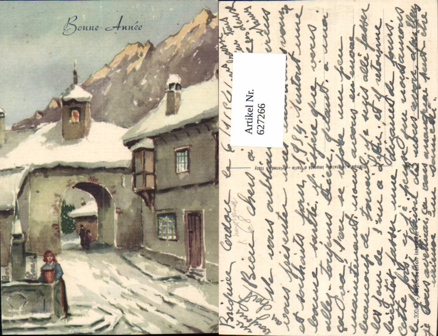 627266,Künstler Ak Handgemalt Frau Brunnen Dorfansicht Winter Bonne Annee