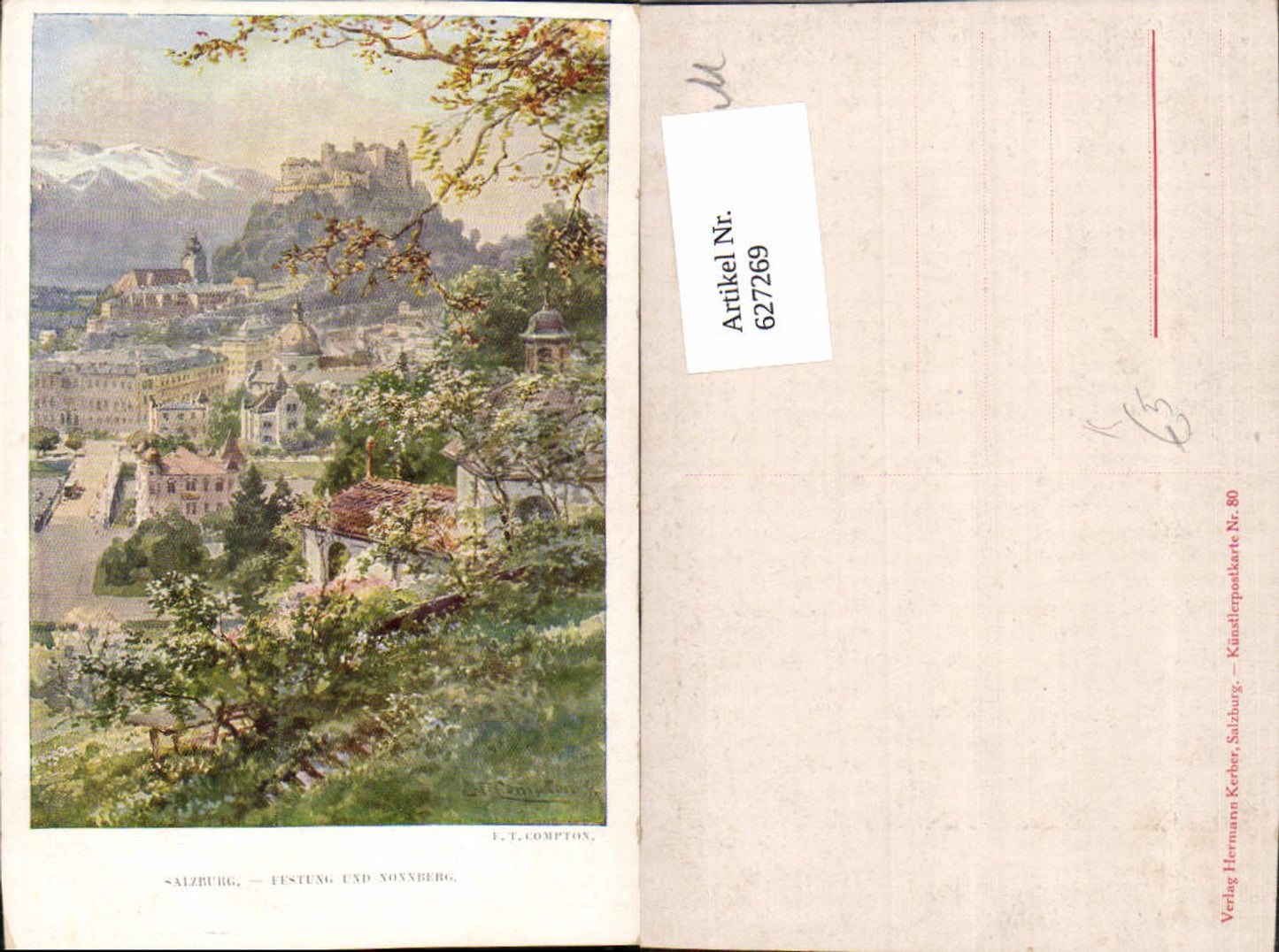 627269,Künstler Ak E. T. Compton Salzburg Festung u. Nonnberg