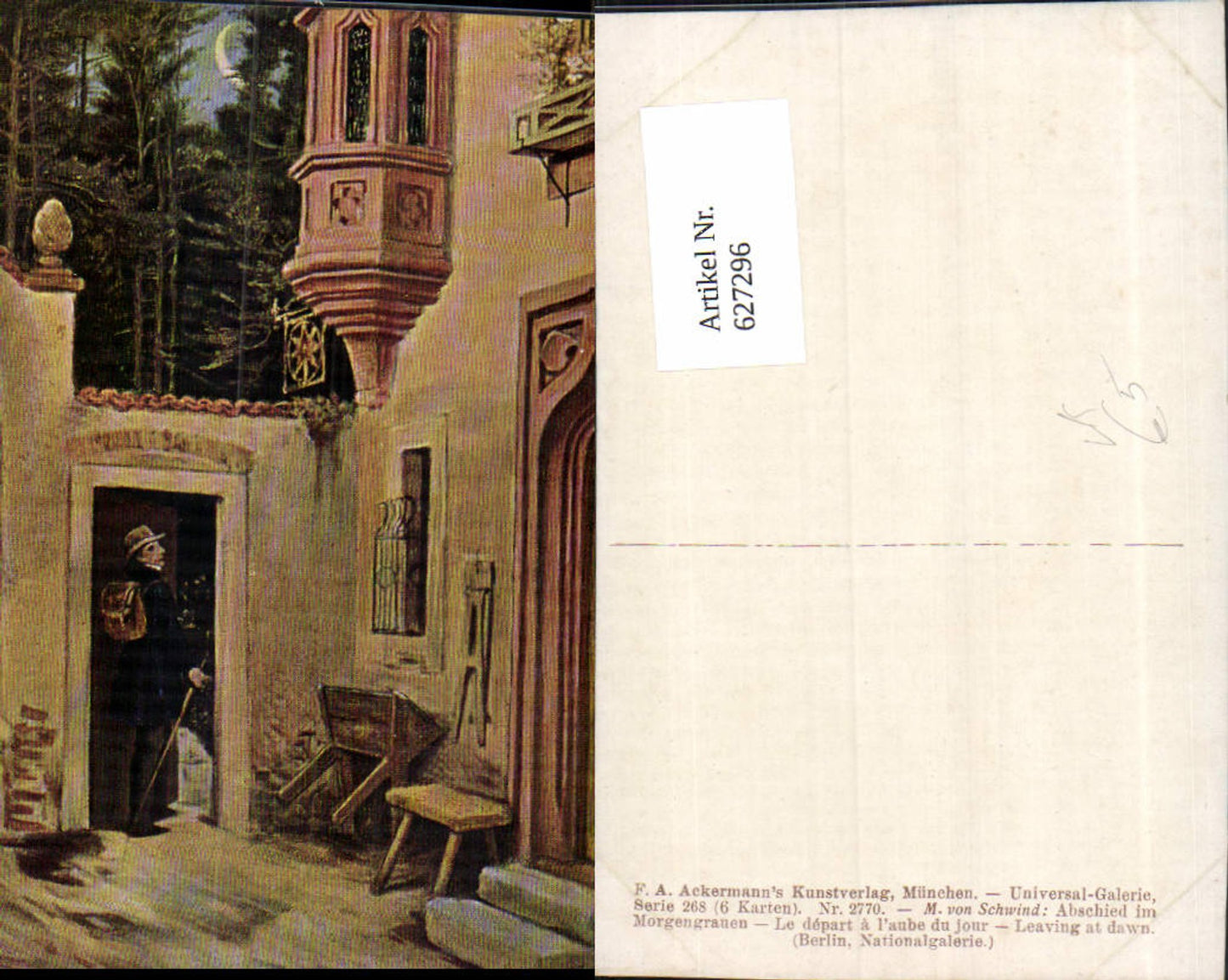 627296,Künstler Ak M. Von Schwind Abschied i. Morgengrauen pub F. A. Ackermann 268/2770