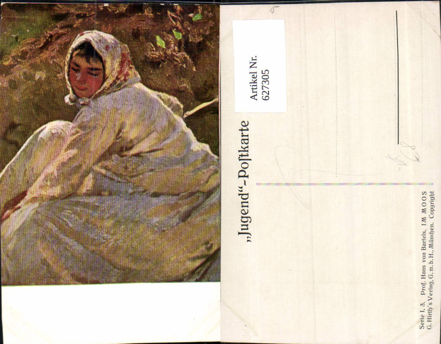627305,Künstler Ak Hans v. Bartels Im Moos Frau pub Jugend Postkarte 1/3