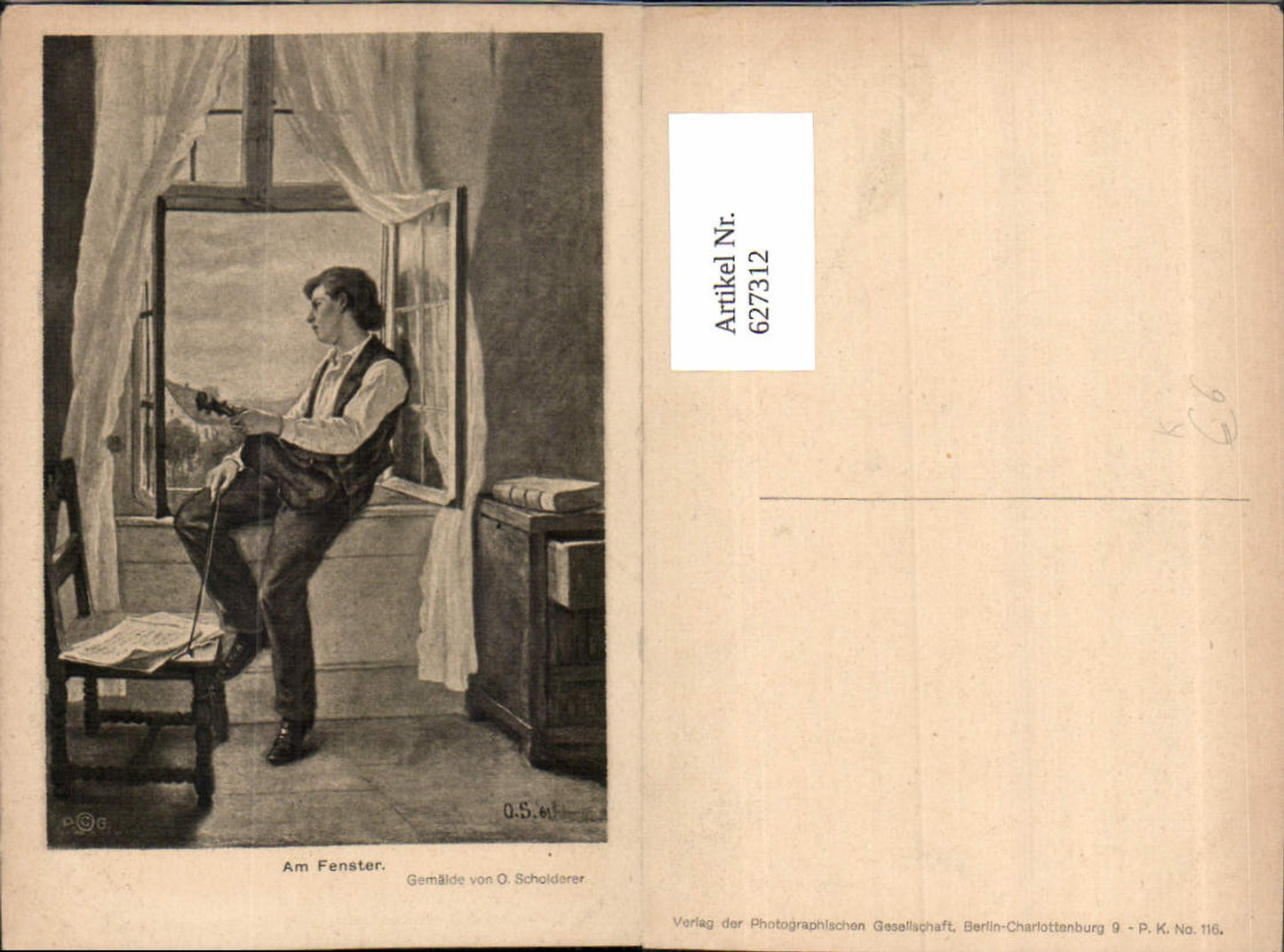 627312,Künstler Ak O. Scholderer Am Fenster Mann m. Geige