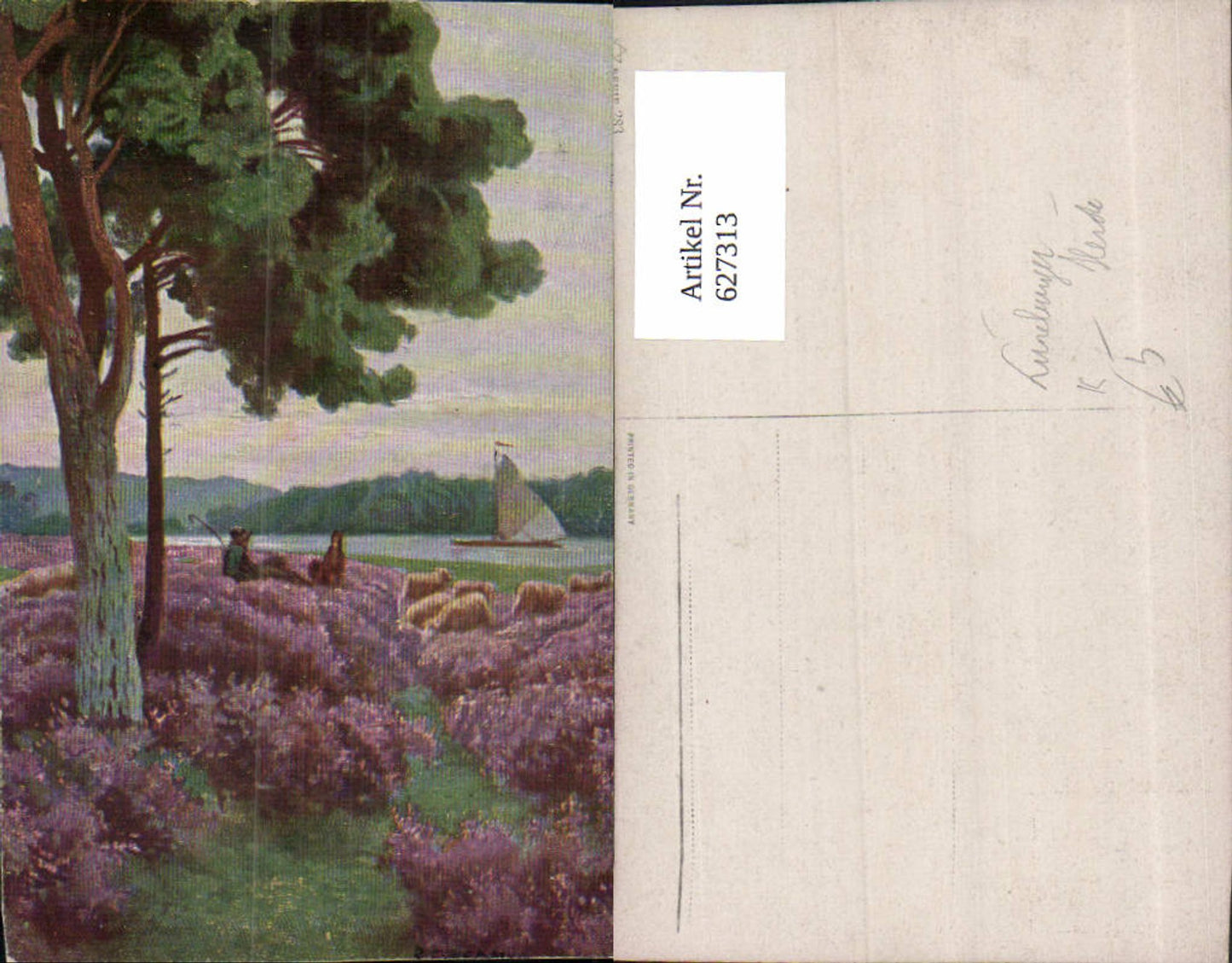 627313,Künstler Ak Lüneburger Heide Landschaft Segelboot Schafe Schäfer