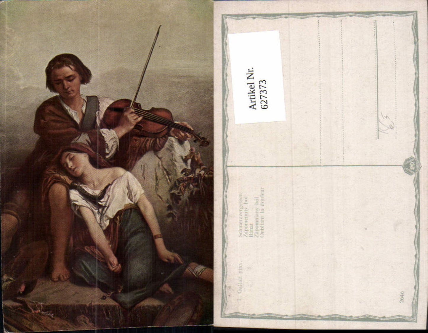 627373,Künstler Ak L. Gallait Schmerzvergessen Banat Mädchen Junger Mann m. Geige