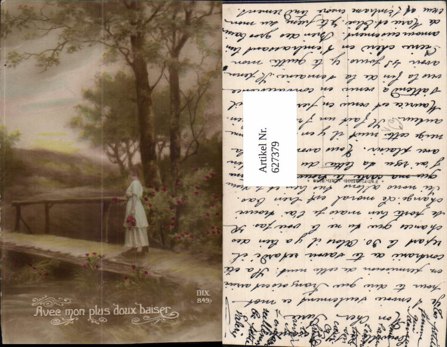 627379,Artist Postcard Ms. a. Bridge Flowers Roses Avec mon plus doux baiser pub DIX 849/1