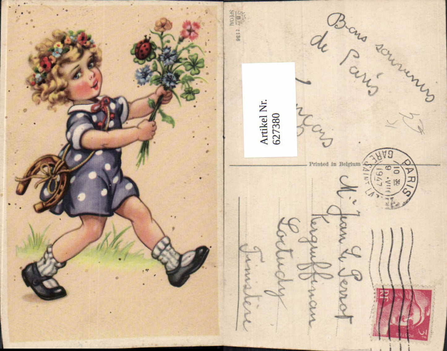 627380,Künstler Ak Mädchen Lockenkopf m. Blumen Maikäfer Hufeisen