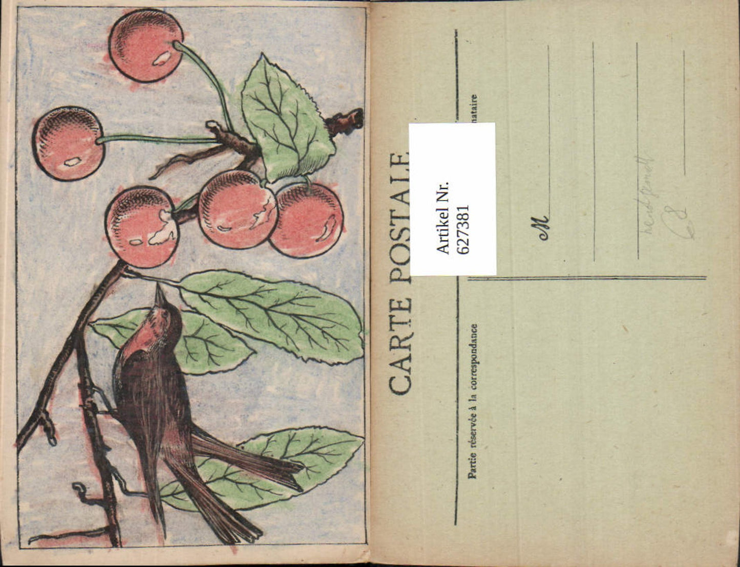 627381,Künstler Ak Handgemalt Zweig Kirchen Vogel Früchte Obst