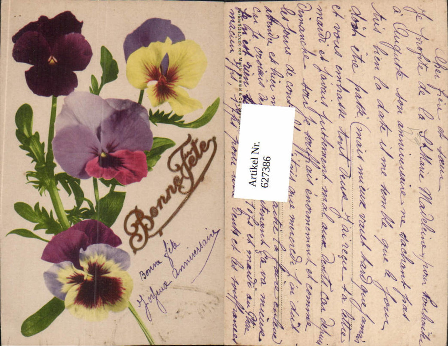 627386,Künstler Ak Stiefmütterchen Blumen Bonne Fete