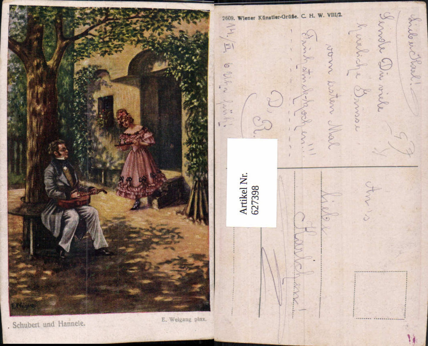 627398,Künstler Ak E. Weigang Schubert u. Hannele Baum Geige Wein