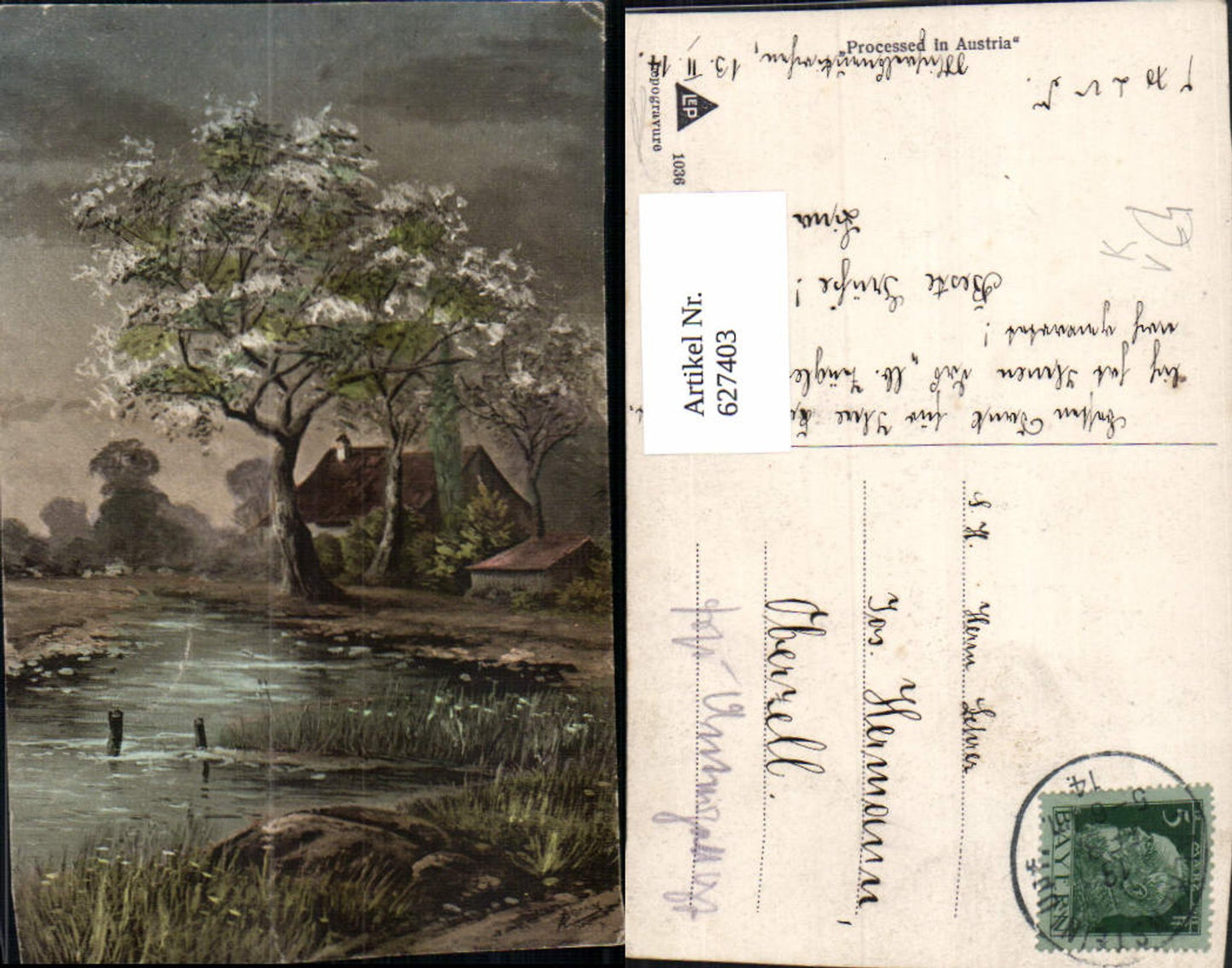 627403,Künstler Ak Haus Baum a. Teich Landschaft pub Lepogravure 1036