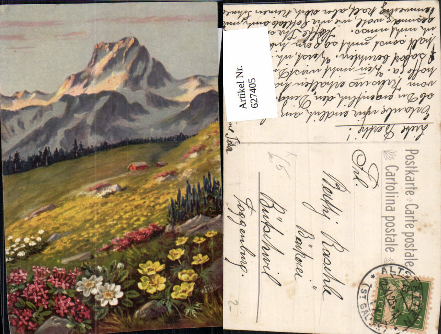 627405,Künstler Ak W. Früh Bergpanorama Hütte Alpenflora Blumen