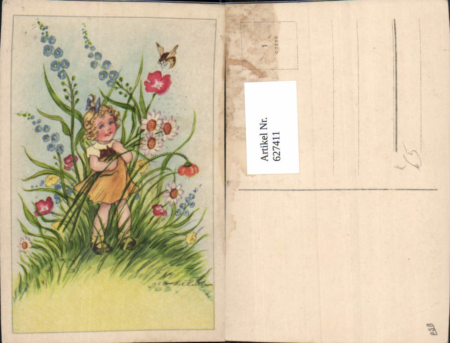 627411,Künstler Ak Mädchen m. Blumen Biene