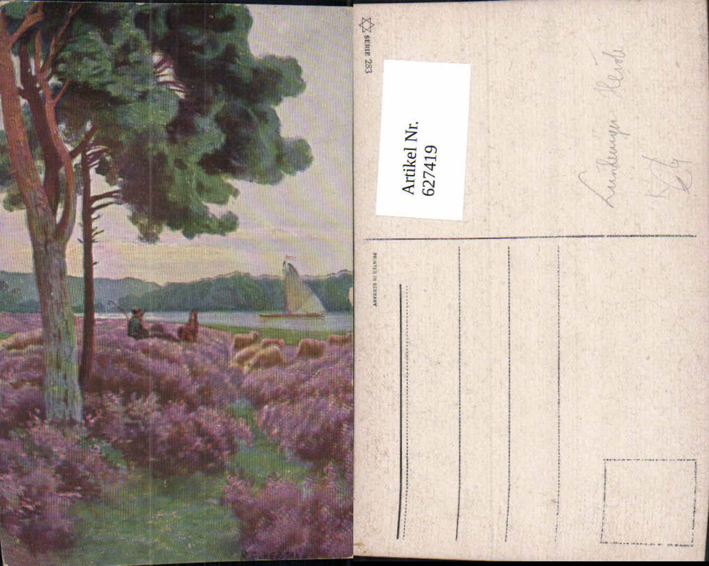 627419,Künstler Ak Lüneburger Heide Schäfer Schafe Segelboot Heidelandschaft