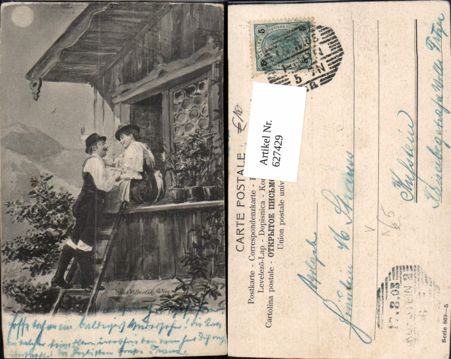 627429,Künstler Ak Scolik Paar Brauchtum Fensterln pub Fec. Ch. Scolik 860/5