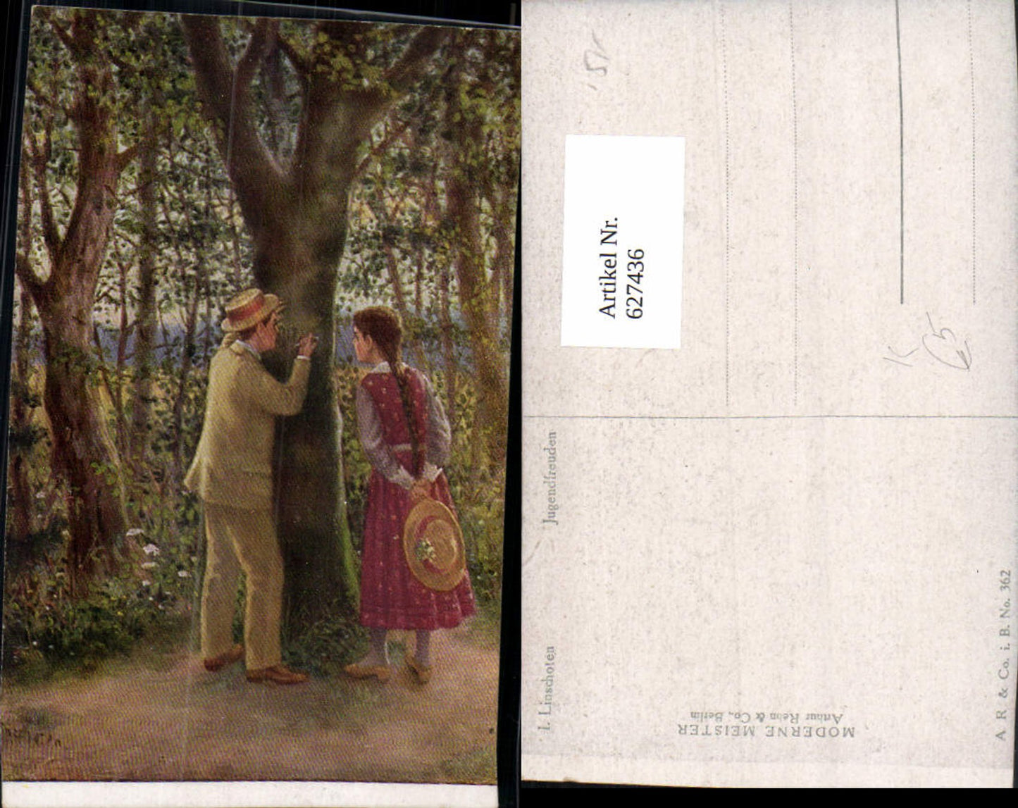 627436,Künstler Ak I. Linschoten Jugendfreuden Paar ritzt Baum Stamm Liebe