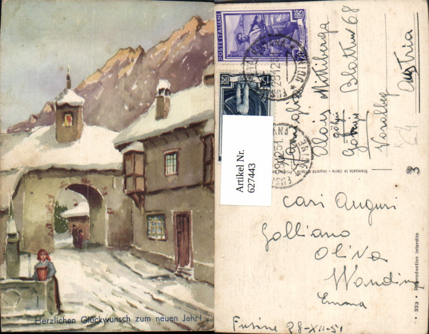 627443,Künstler Ak Frau a. Brunnen Dorf Winteransicht Neujahr