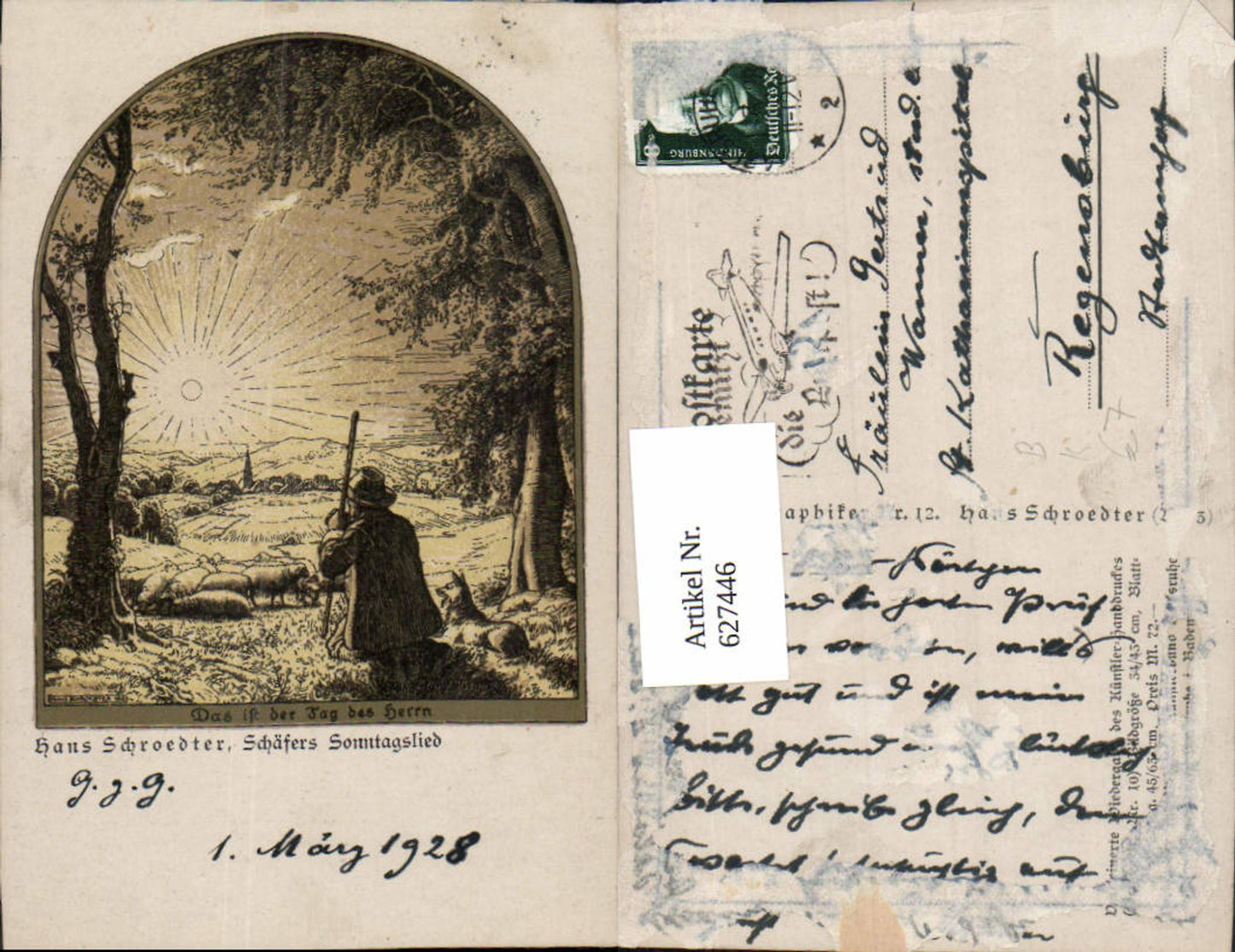 627446,Künstler Ak Hans Schroedter Schäfers Sonntagslied Schafe Hirte Sonnenaufgang