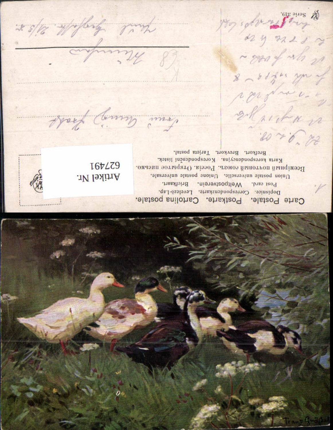 627491,Künstler Ak Franz Gräßel Enten Ufer Landschaft Tiere