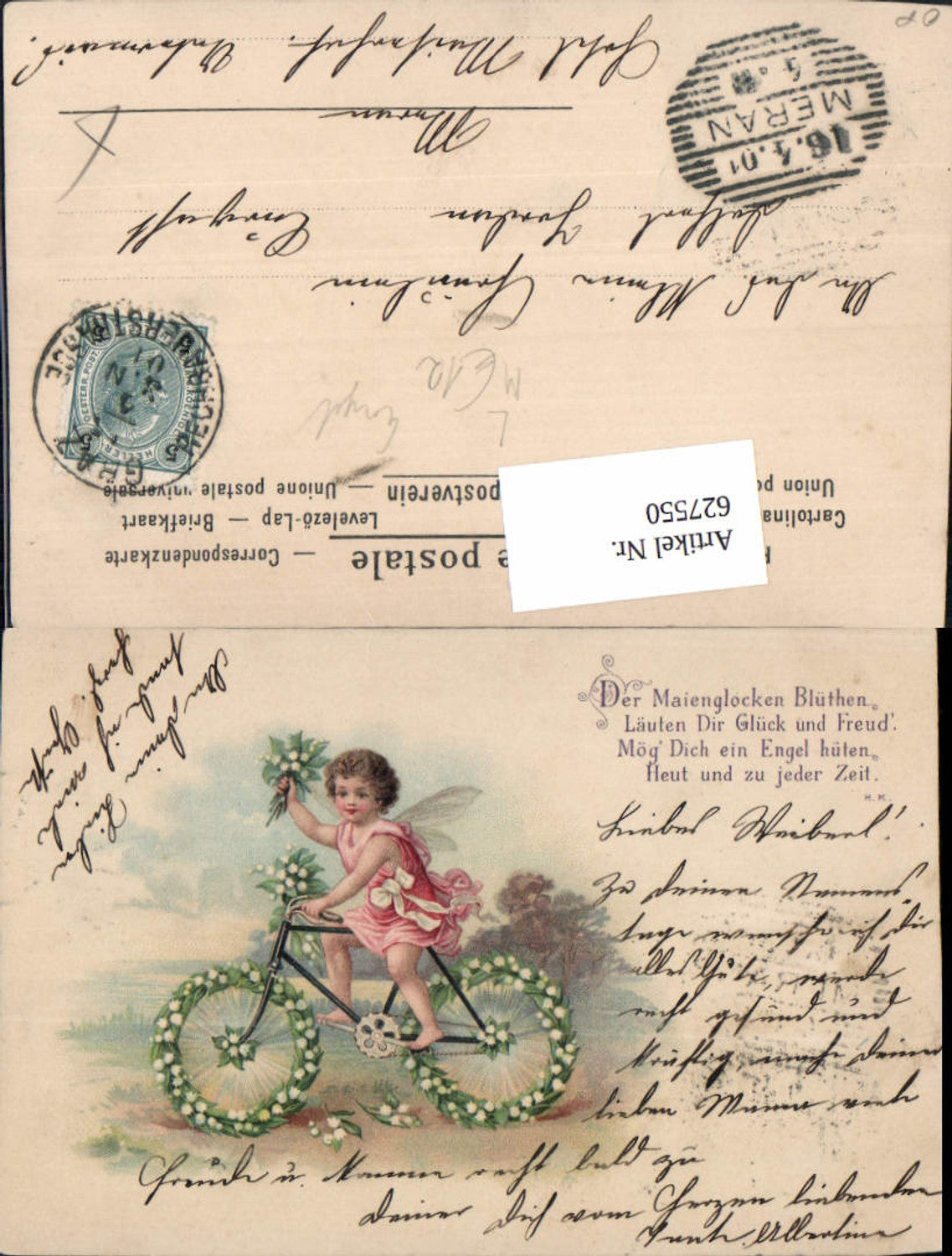627550,Lithographie Engel Mai Rad Fahrrad Blumen Maienglocken Stp. Graz Rechbauerstrasse