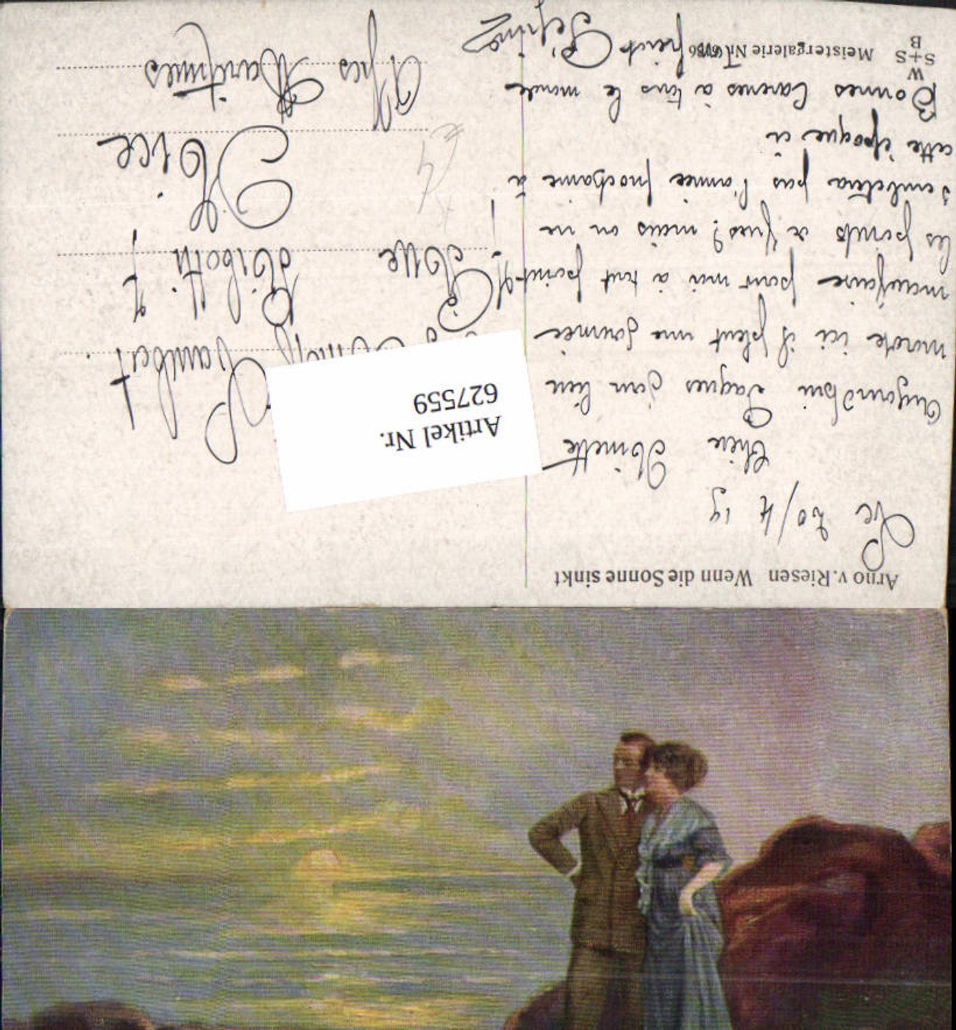 627559,Künstler Ak Arno v. Riesen Wenn die Sonne sinkt Paar Küste Sonnenuntergang Liebe