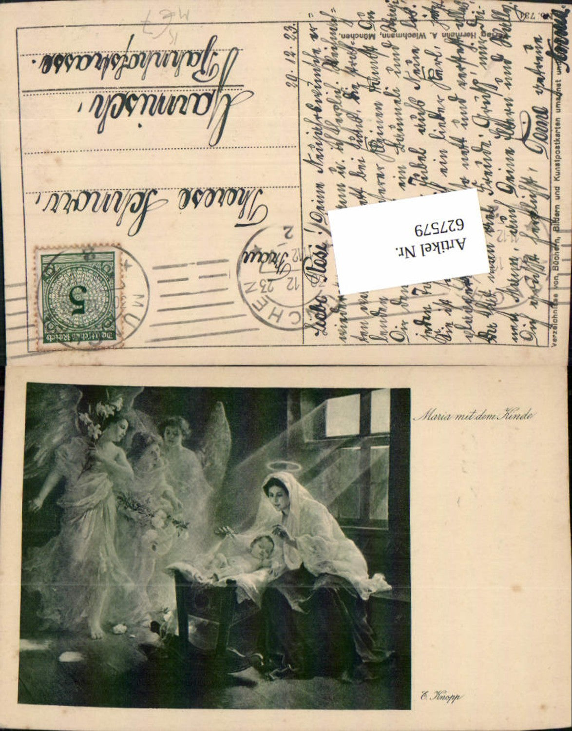 627579,Künstler Ak E. Knopp Maria m. d. Kinde Engel Heiligenschein Jesus in Wiege