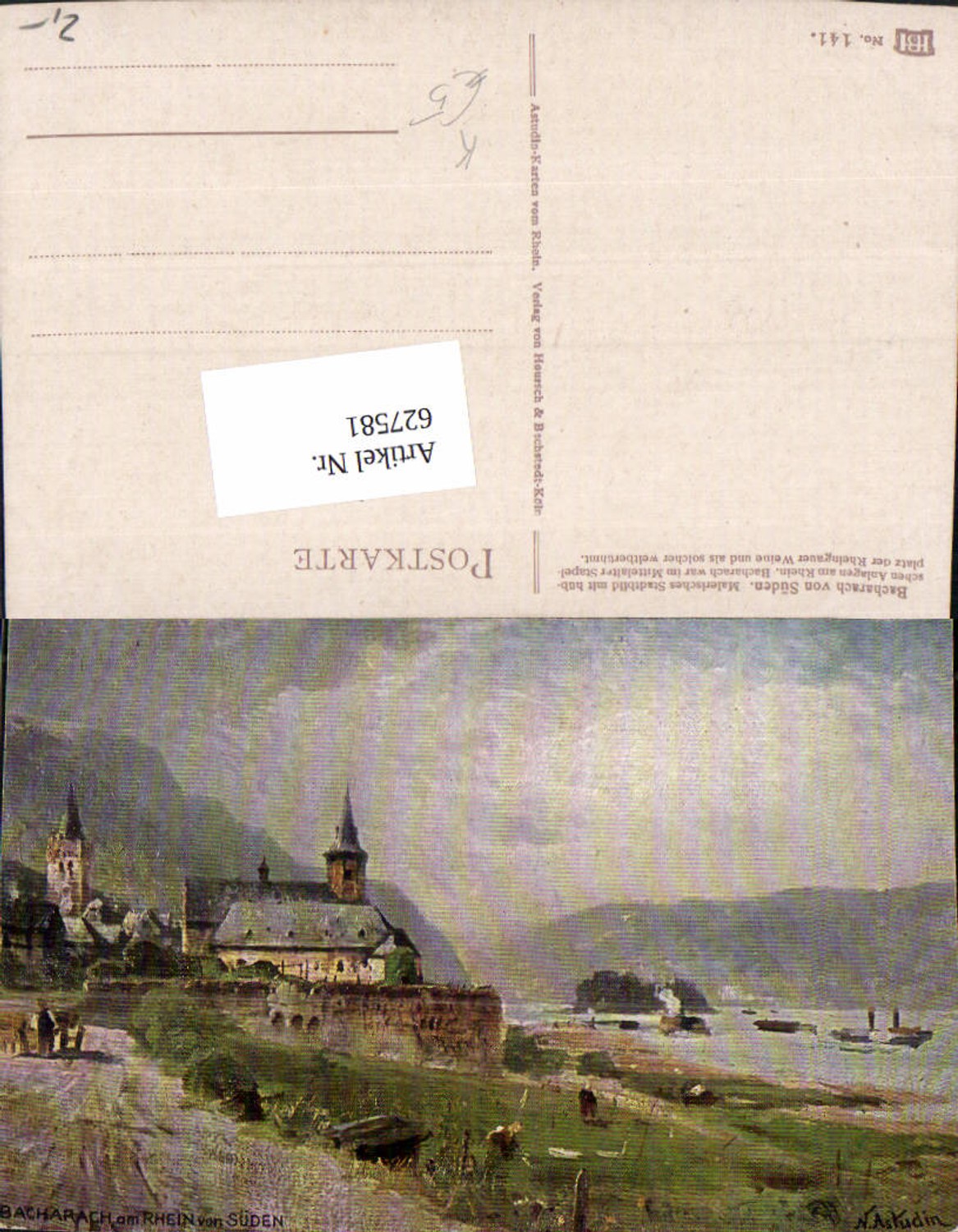 627581,Künstler Ak N. Astudin Bacharach a. Rhein v. Süden Schiffe Dampfer