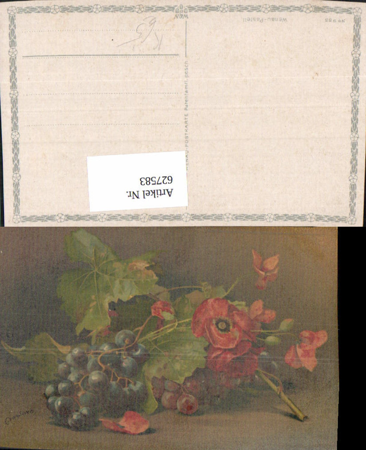 627583,Künstler Ak Stillleben C. von Sivens Weintrauben Trauben Mohnblumen Klatschmohn