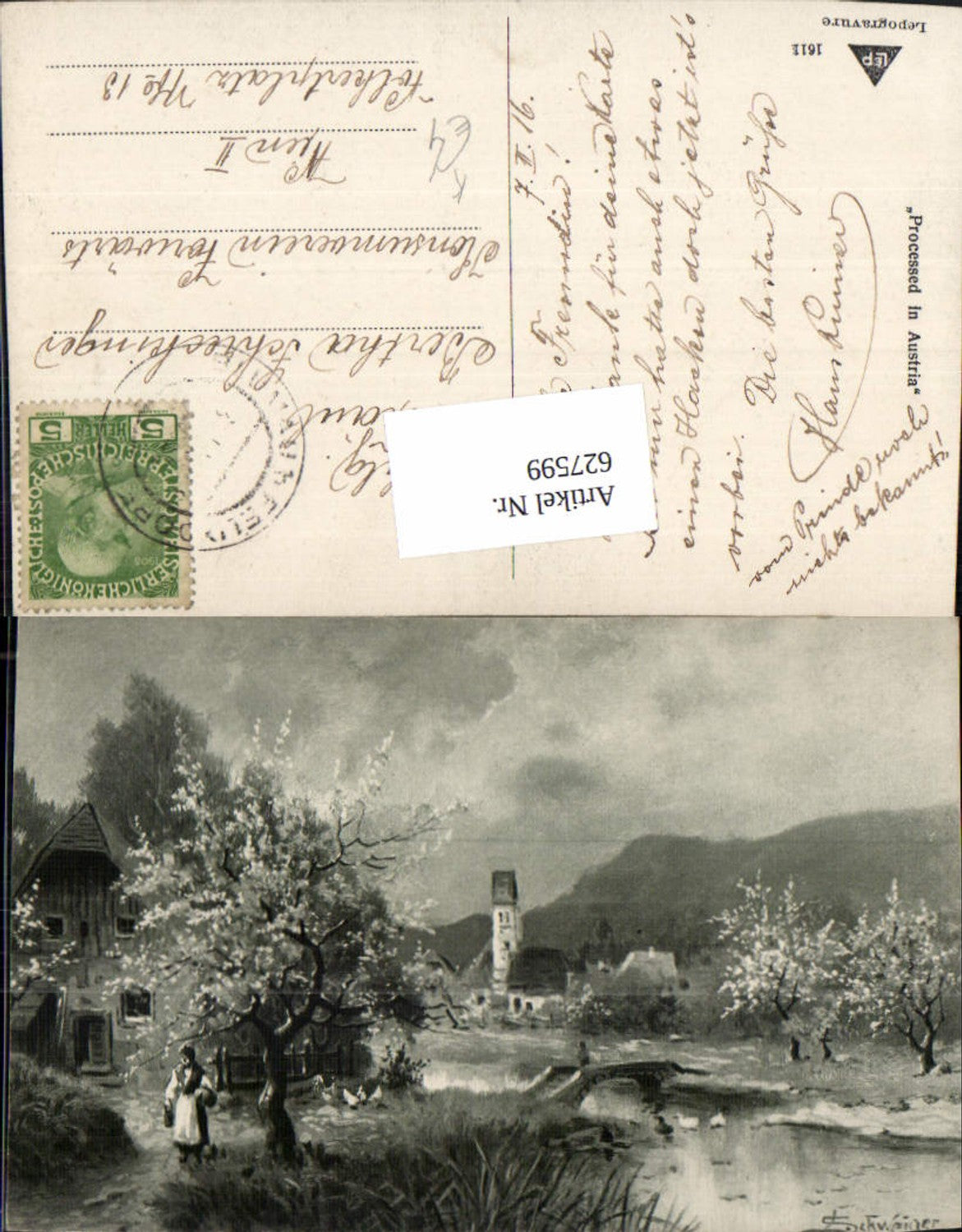 627599,Künstler Ak L. Schweiger Frau Dorfansicht Brücke Baumblüte Landschaft