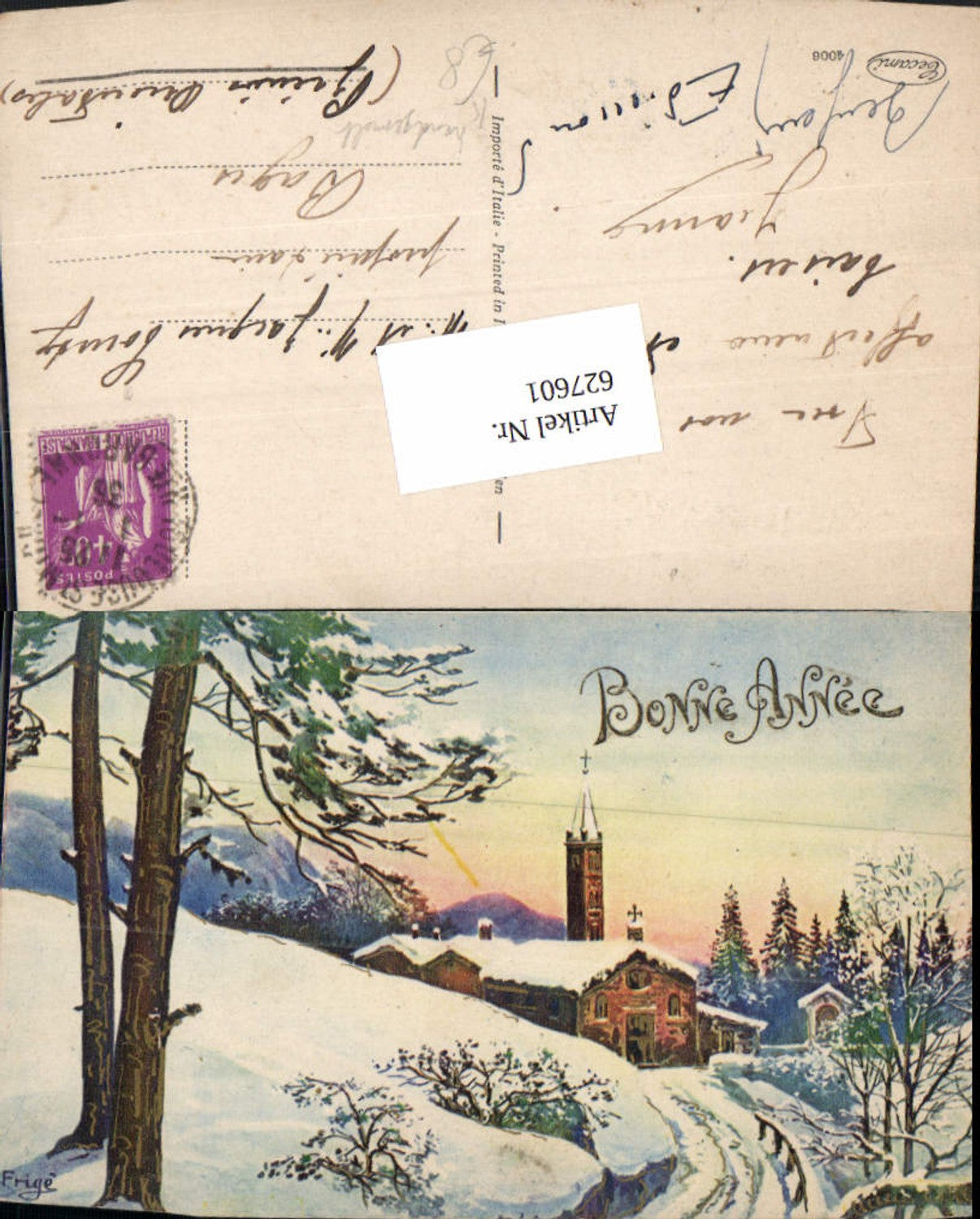 627601,Künstler Ak Handgemalt Frige Kirche Winterlandschaft Bonne Annee