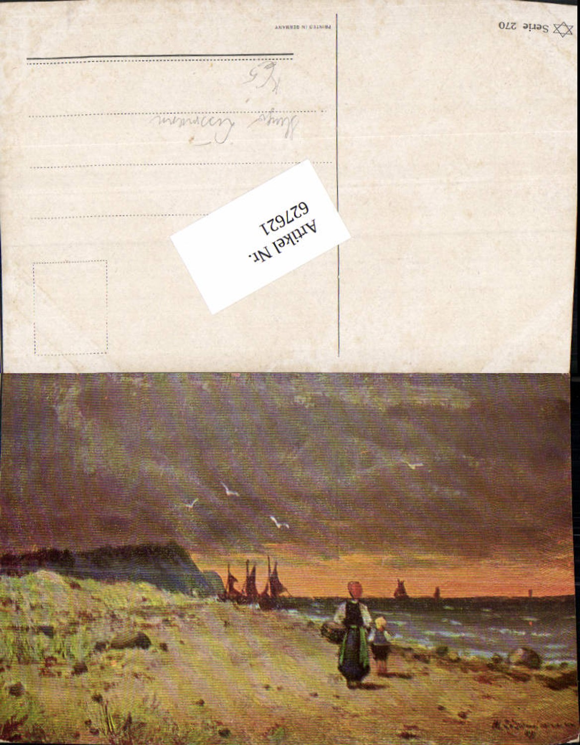 627621,Künstler Ak Hugo Lissmann Frau m. Kind Ufer Küste Segelboote