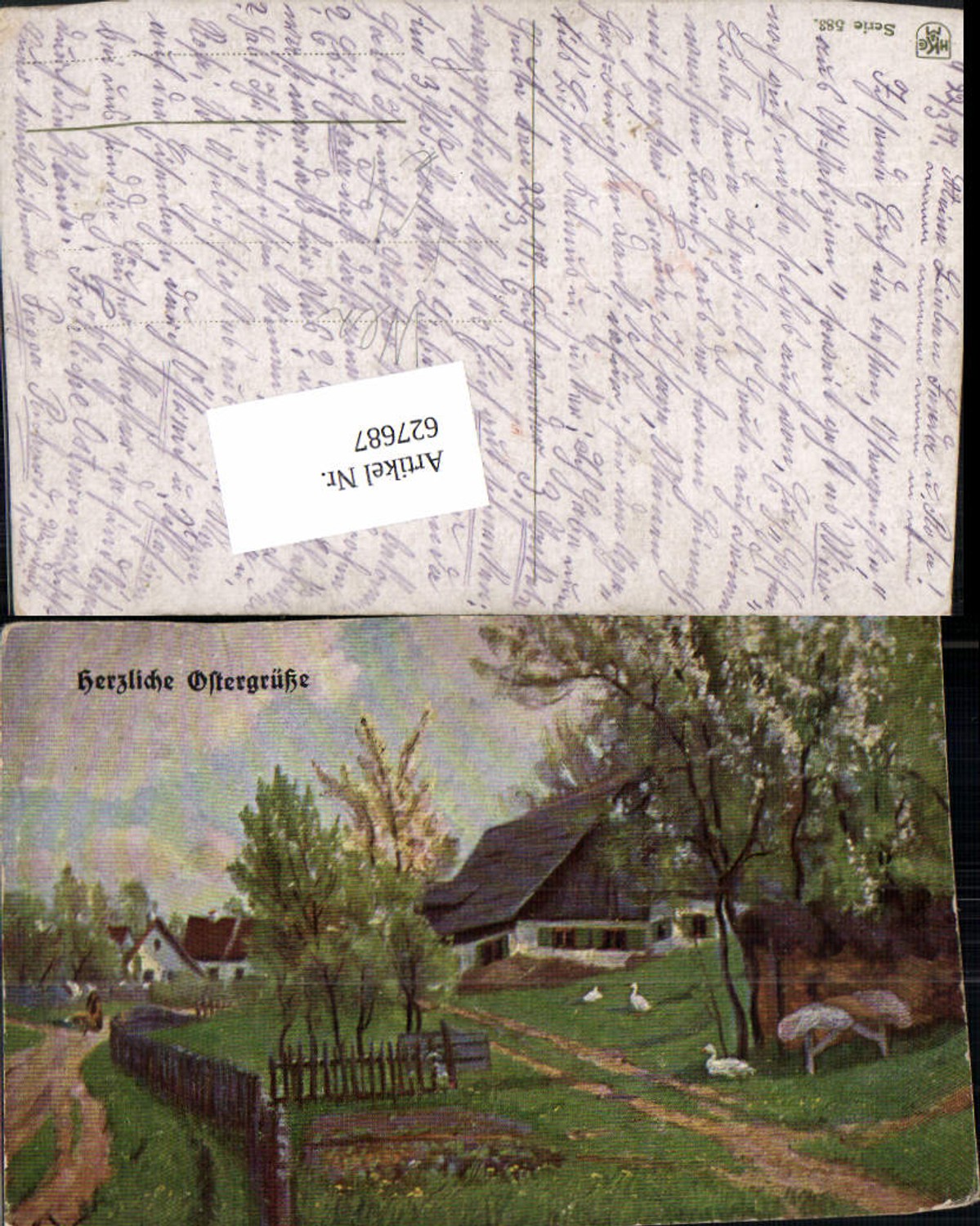 627687,Künstler Ak Wez Herzliche Ostergrüße Gänse Dorf Landschaft