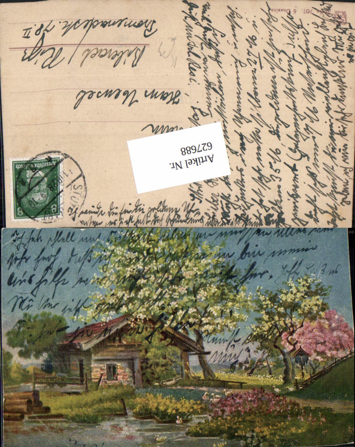 627688,Künstler Ak Bauernhaus Wegkreuz Landschaft Baumblüte