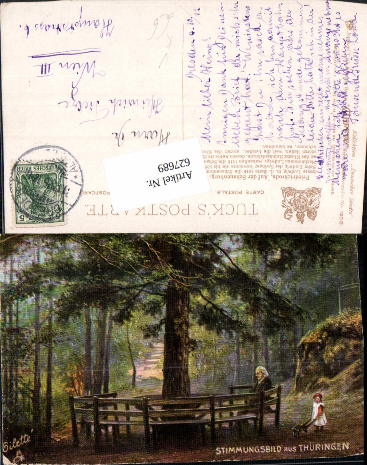 627689,Künstler Ak Stimmungsbild aus Thüringen Alter Mann Baum Kind pub Raphael Tuck Sons 190B
