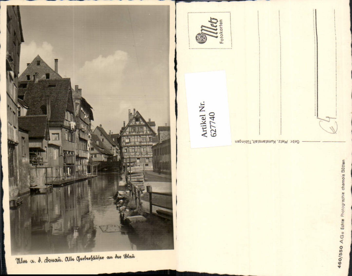 627740,Foto Ak Ulm a. Donau Partie a. d. Blau Gebäude