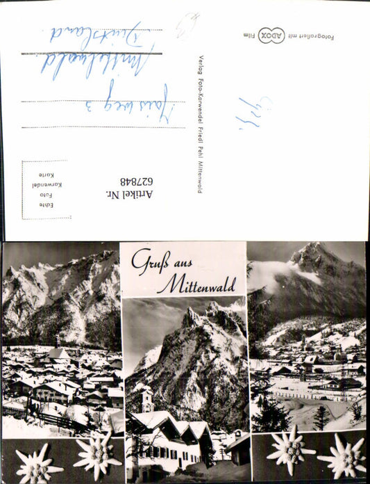 627848, Multi-image postcard Mittenwald winter view Edelweiss