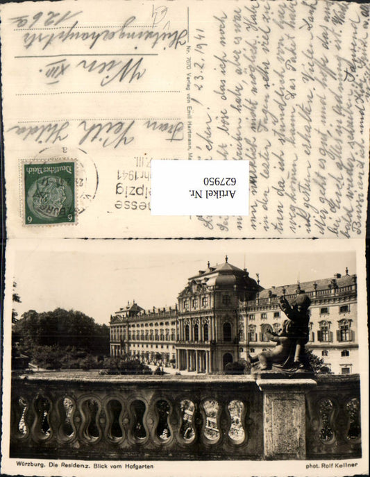 627950,Foto Ak Würzburg Die Residenz Blick zum Hofgarten pub Emil Hartmann 7670
